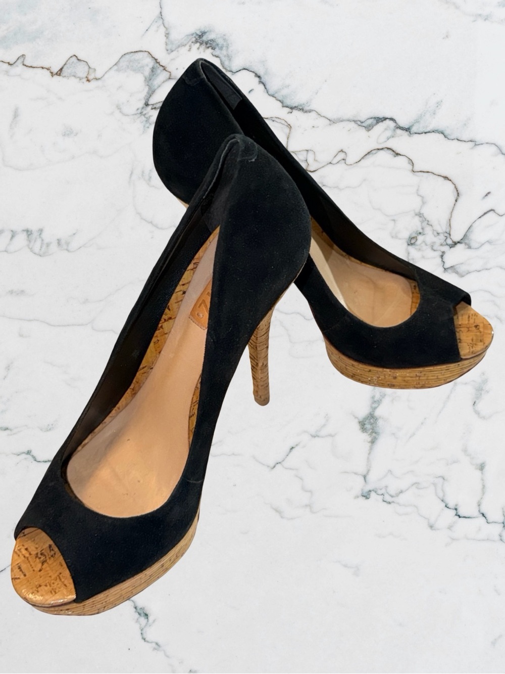 Schutz Black Suede Peep-Toe Platform Stiletto Heels Cork Bamboo Texture Sz 10 - Picture 9 of 13